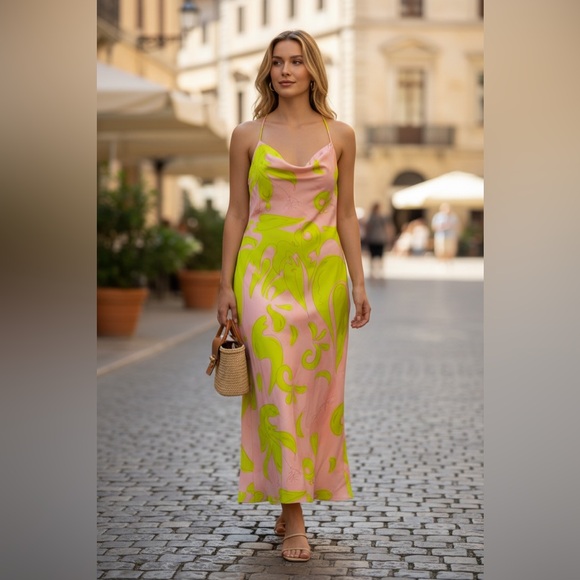 liliana meza Dresses & Skirts - Liliana Meza Pink and Green Satin Maxi Dress Size Large